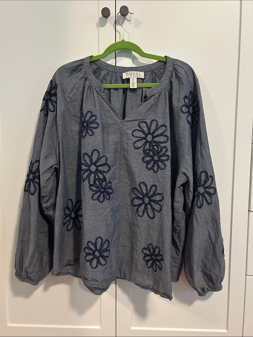 Embroidered Daisy Tunic Blouse in Slate Blue